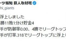 巨人、首位浮上